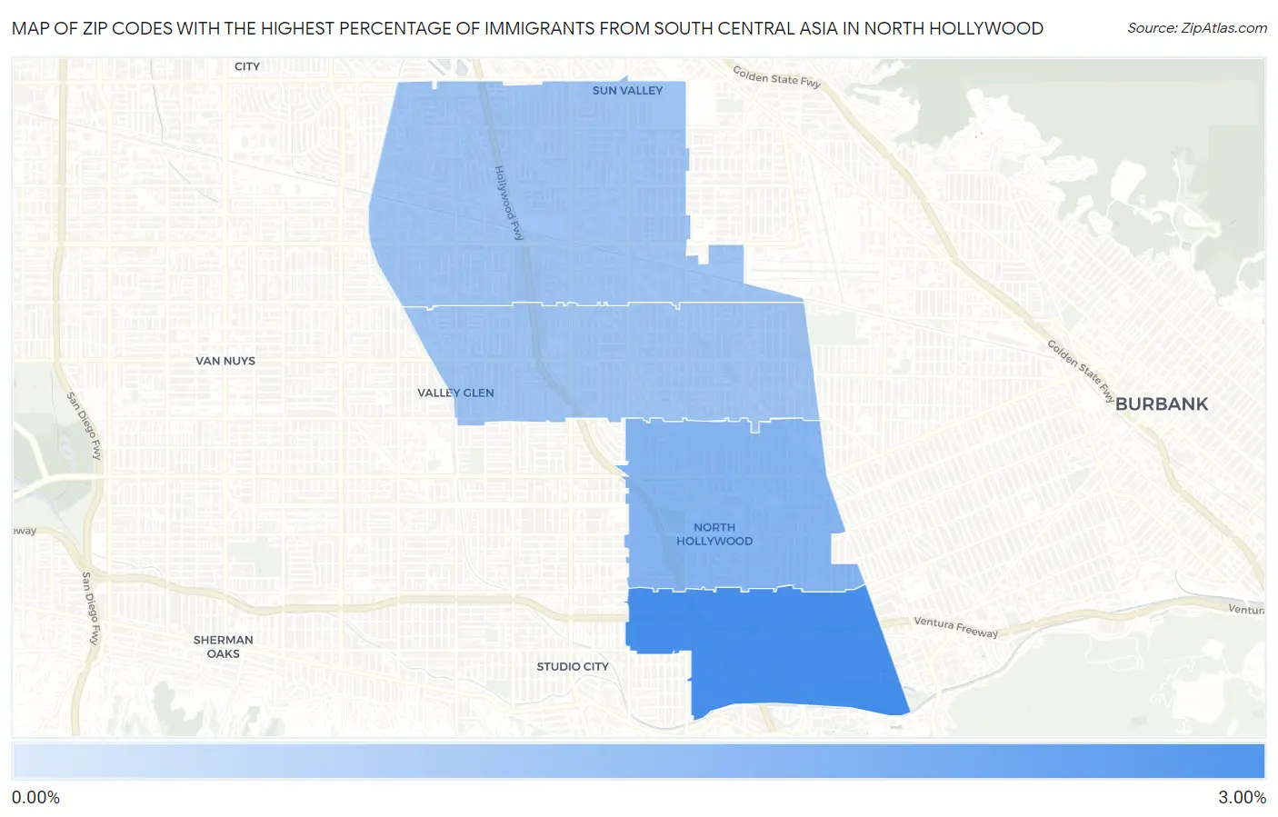 Zip Codes with the Highest Percentage of Immigrants from South Central Asia in North Hollywood Map
