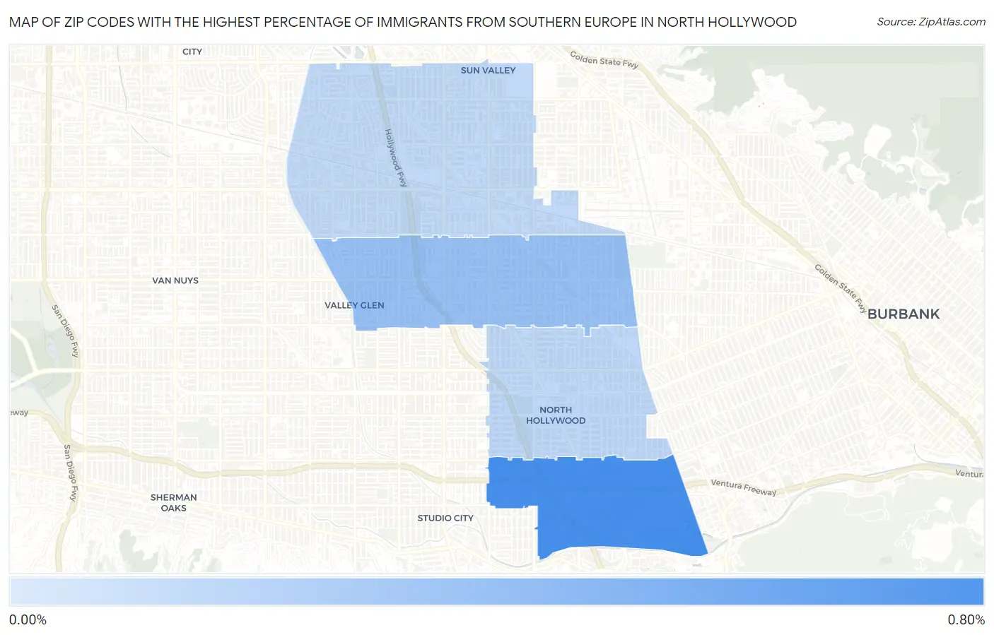 Zip Codes with the Highest Percentage of Immigrants from Southern Europe in North Hollywood Map
