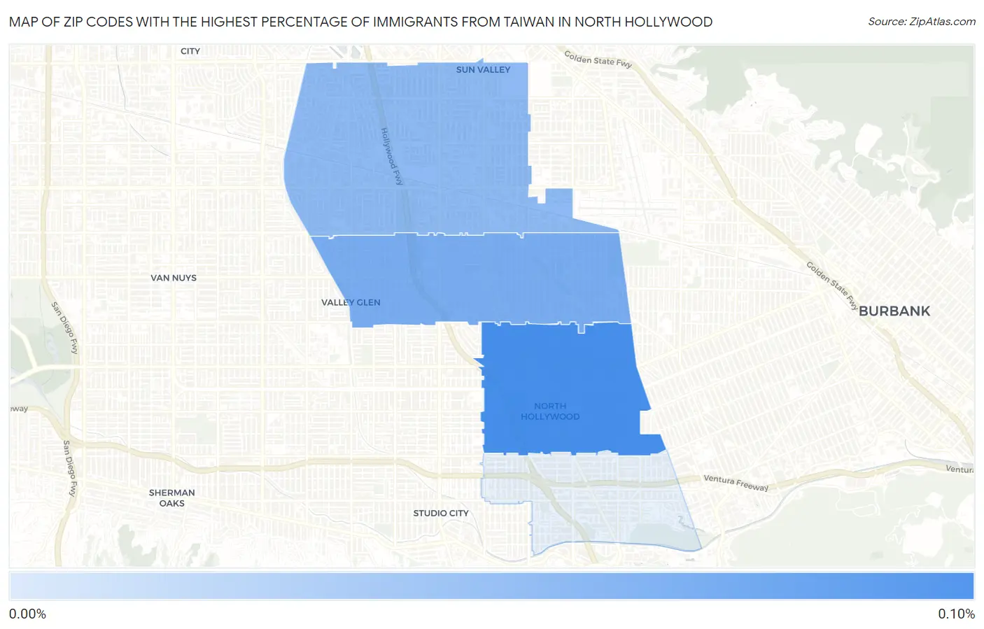Zip Codes with the Highest Percentage of Immigrants from Taiwan in North Hollywood Map