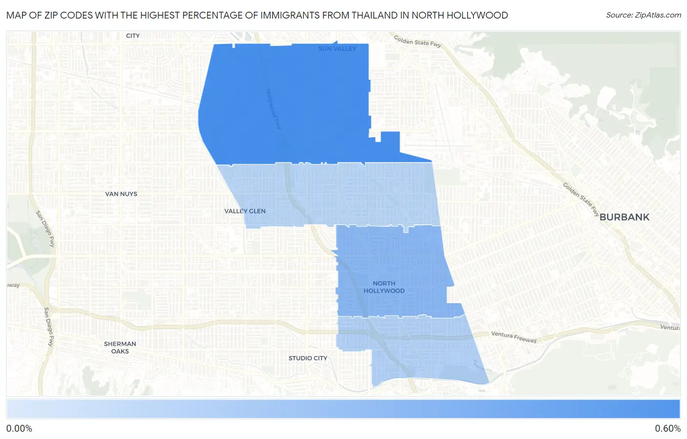 Zip Codes with the Highest Percentage of Immigrants from Thailand in North Hollywood Map