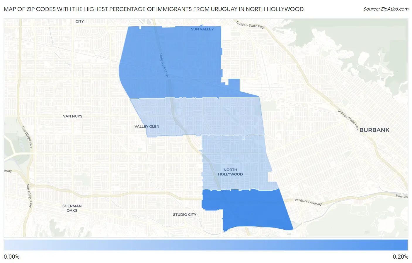 Zip Codes with the Highest Percentage of Immigrants from Uruguay in North Hollywood Map
