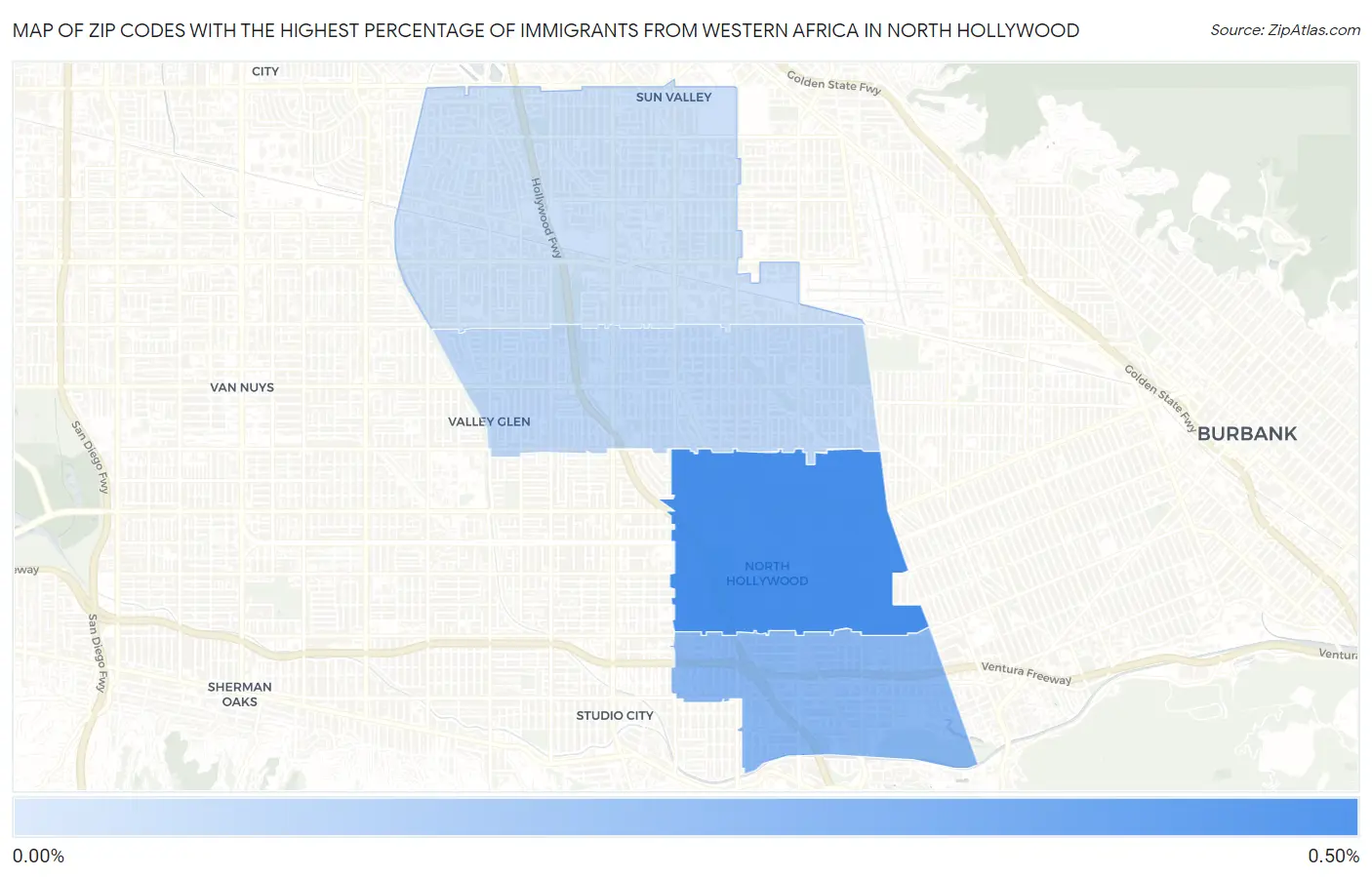 Zip Codes with the Highest Percentage of Immigrants from Western Africa in North Hollywood Map