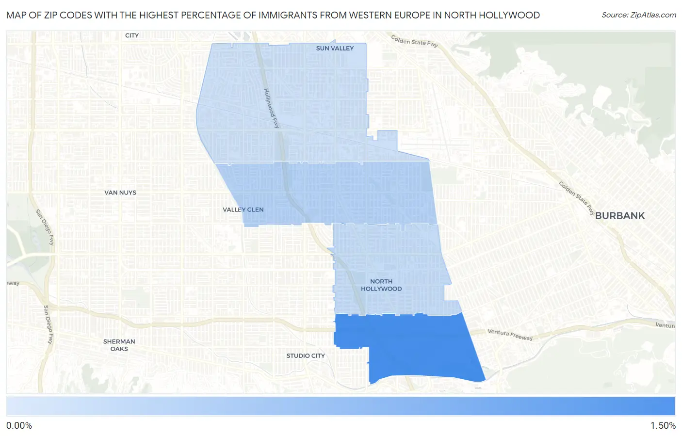 Zip Codes with the Highest Percentage of Immigrants from Western Europe in North Hollywood Map