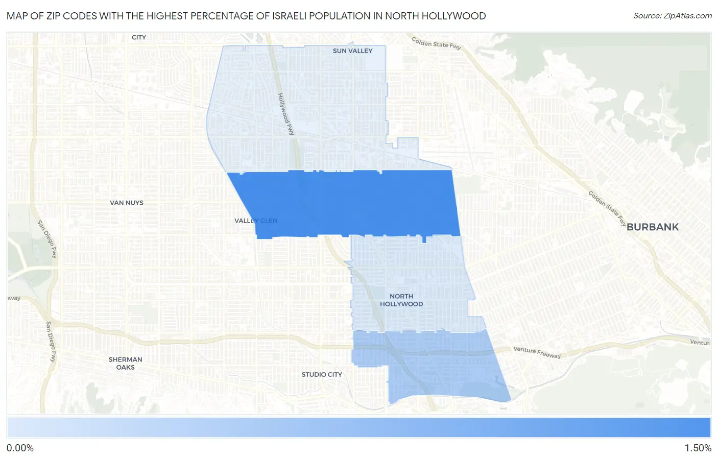 Zip Codes with the Highest Percentage of Israeli Population in North Hollywood Map