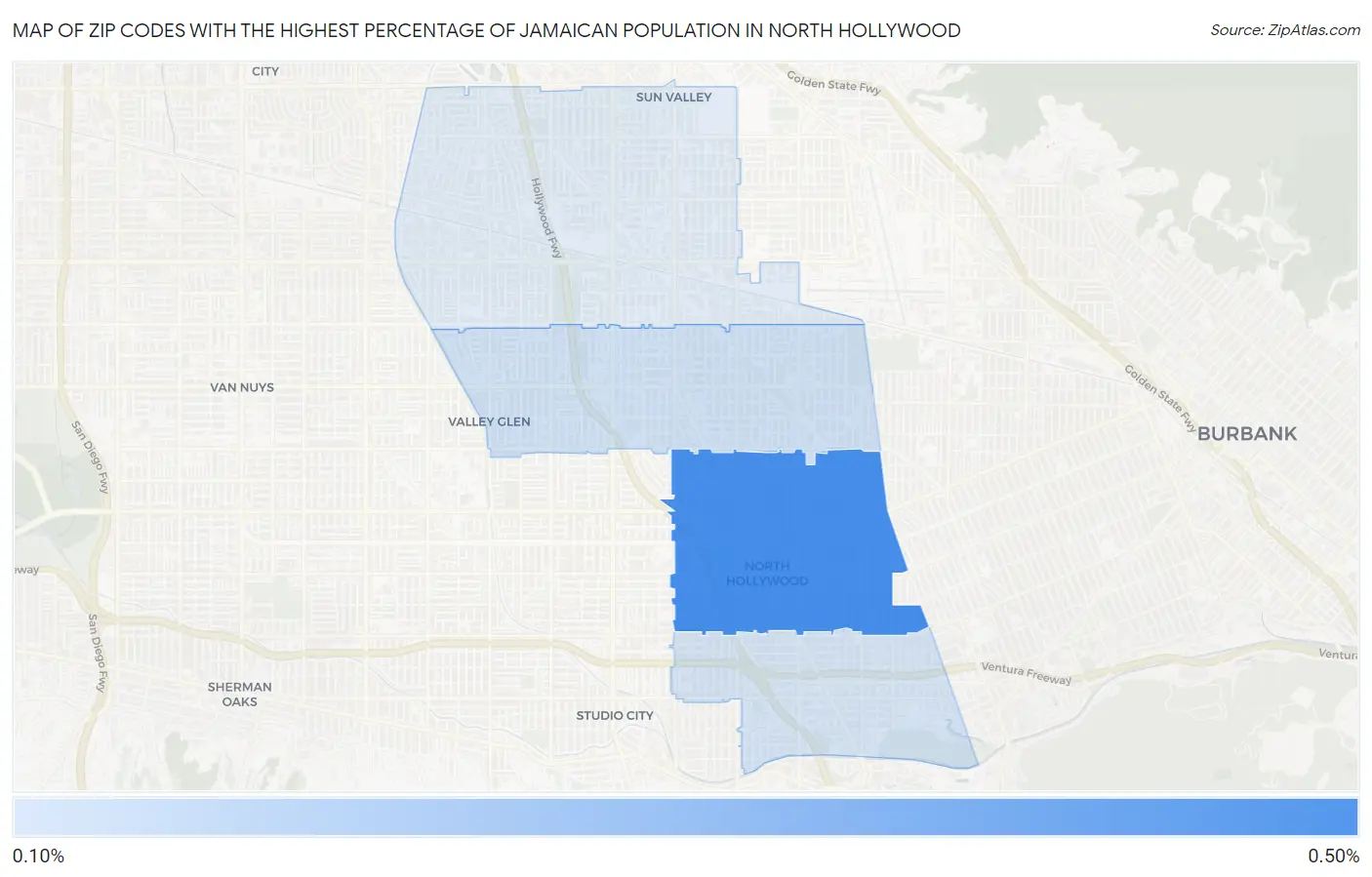 Zip Codes with the Highest Percentage of Jamaican Population in North Hollywood Map