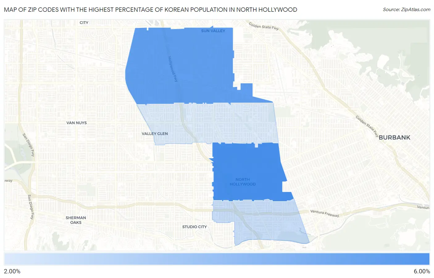Zip Codes with the Highest Percentage of Korean Population in North Hollywood Map