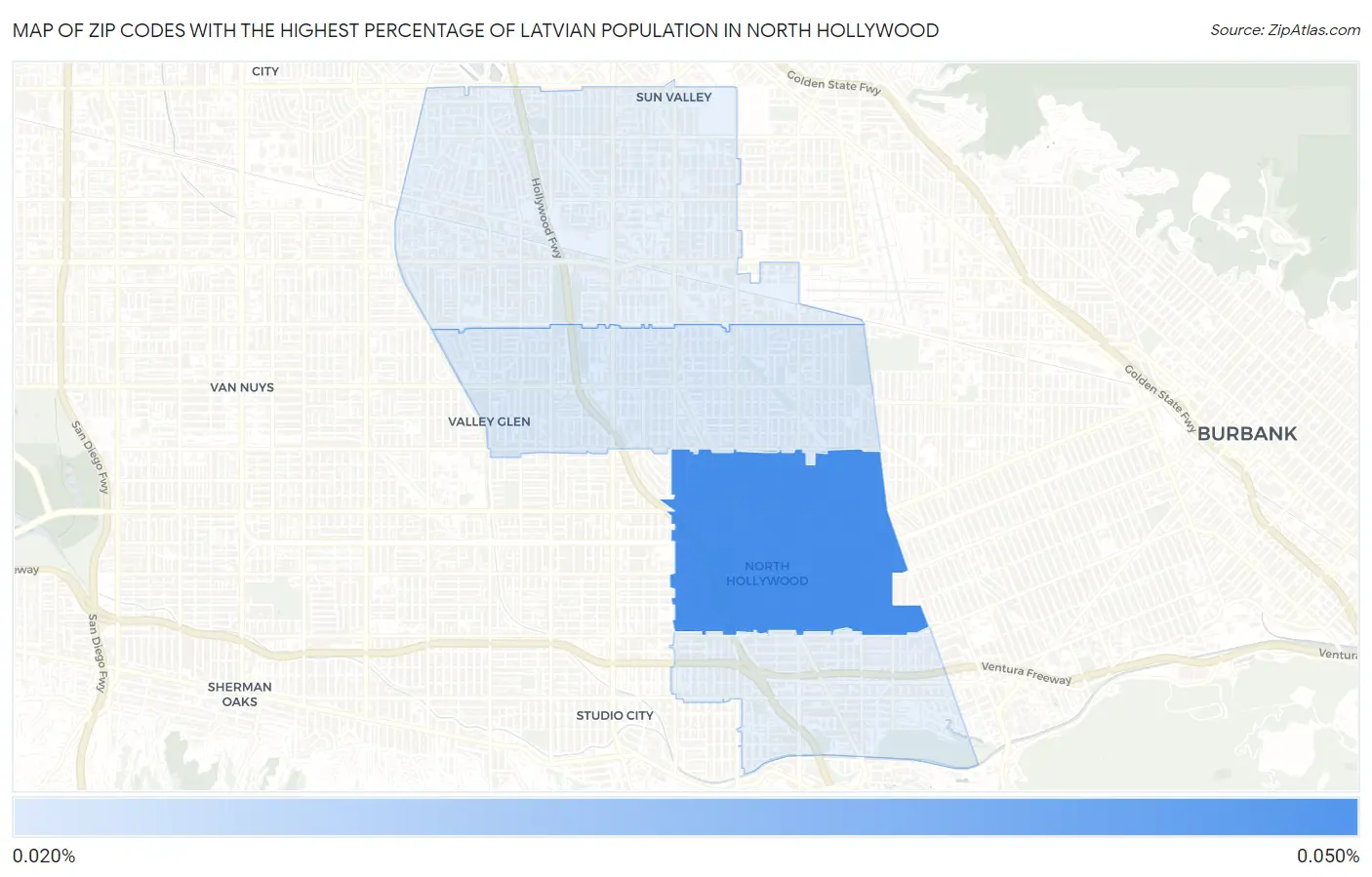Zip Codes with the Highest Percentage of Latvian Population in North Hollywood Map