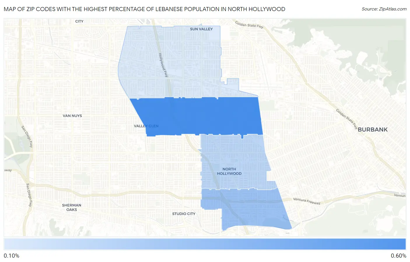 Zip Codes with the Highest Percentage of Lebanese Population in North Hollywood Map