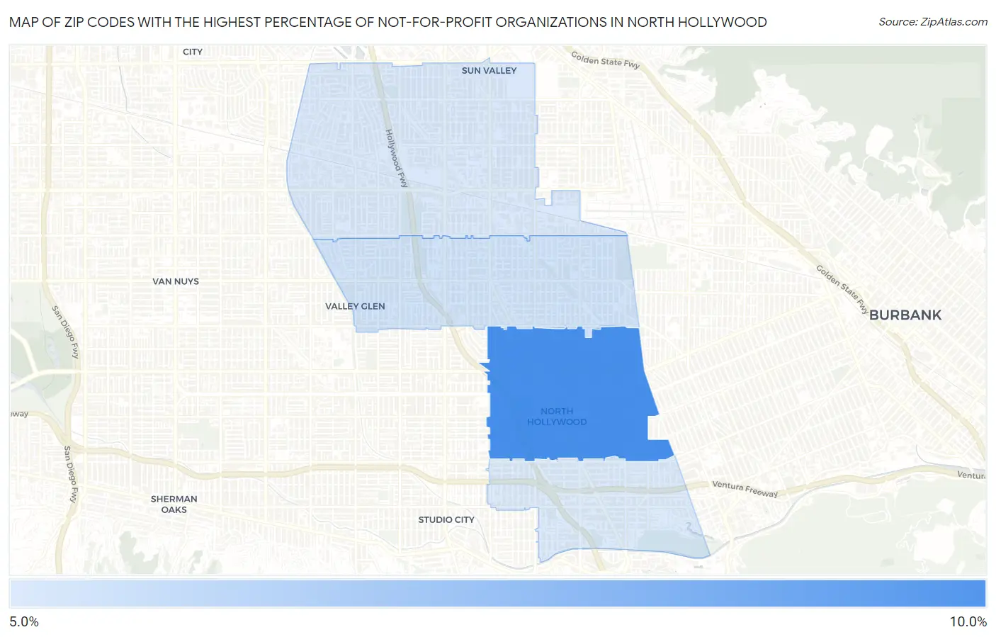 Zip Codes with the Highest Percentage of Not-for-profit Organizations in North Hollywood Map