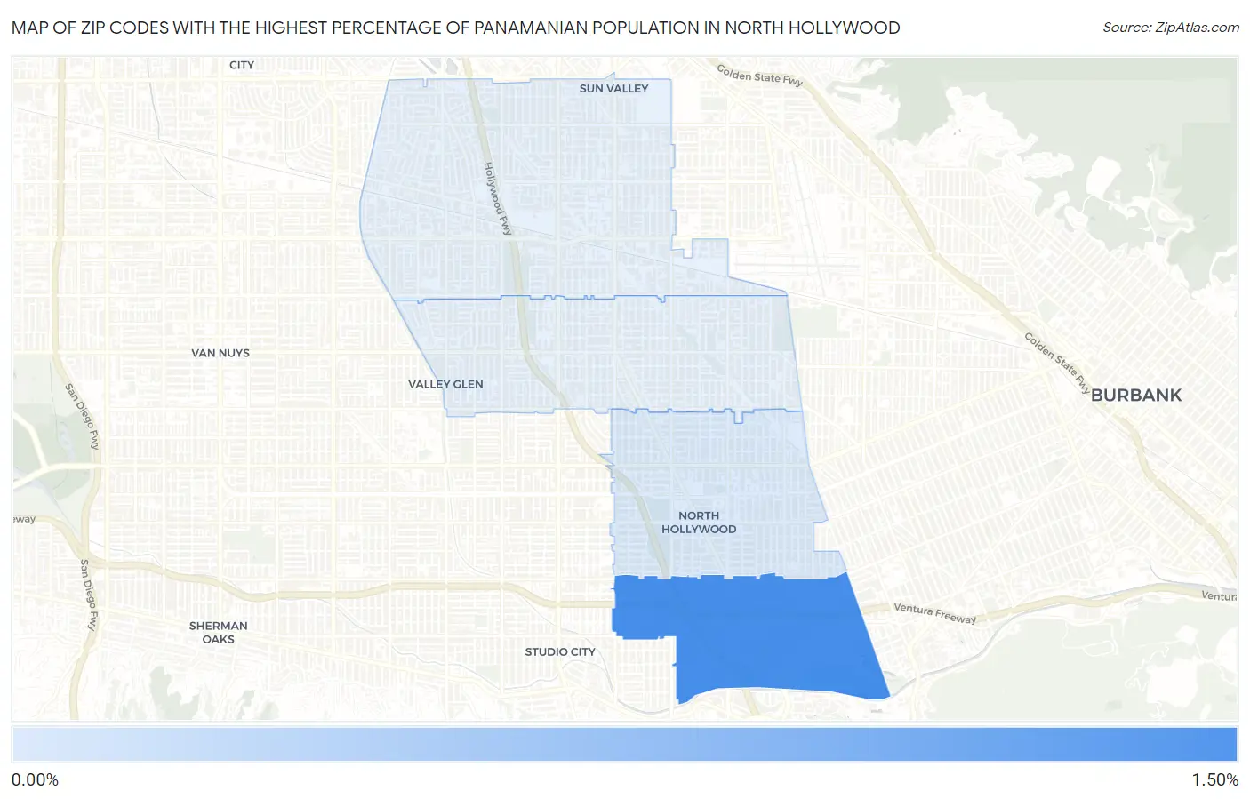 Zip Codes with the Highest Percentage of Panamanian Population in North Hollywood Map