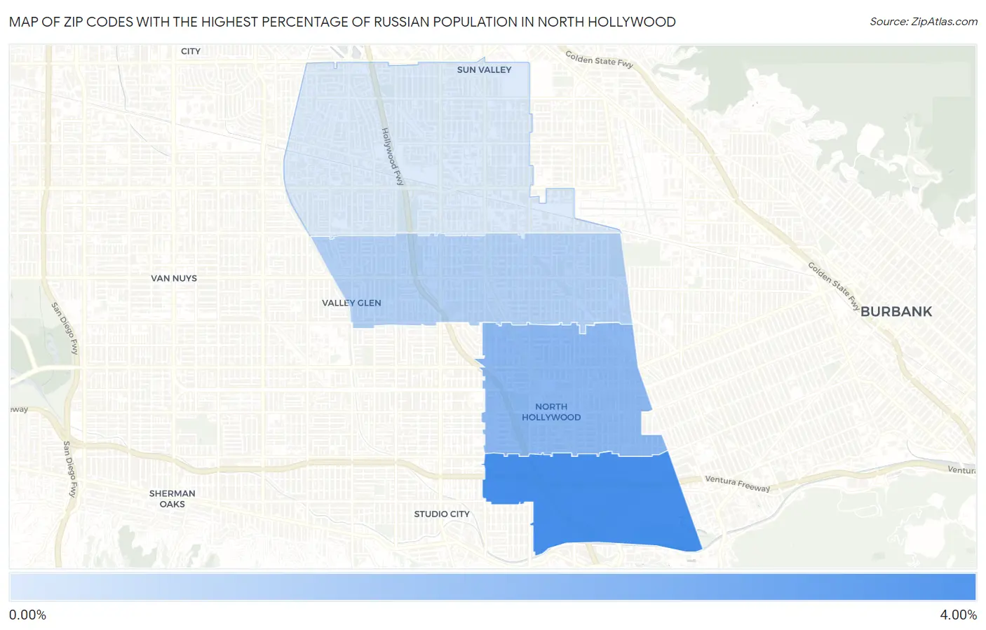 Zip Codes with the Highest Percentage of Russian Population in North Hollywood Map