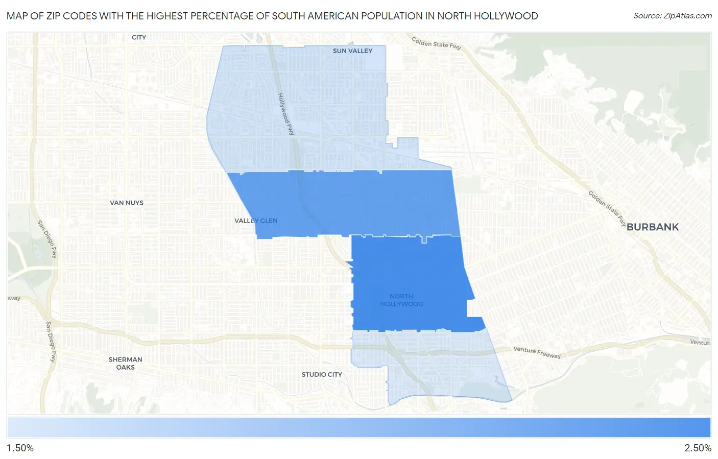 Zip Codes with the Highest Percentage of South American Population in North Hollywood Map
