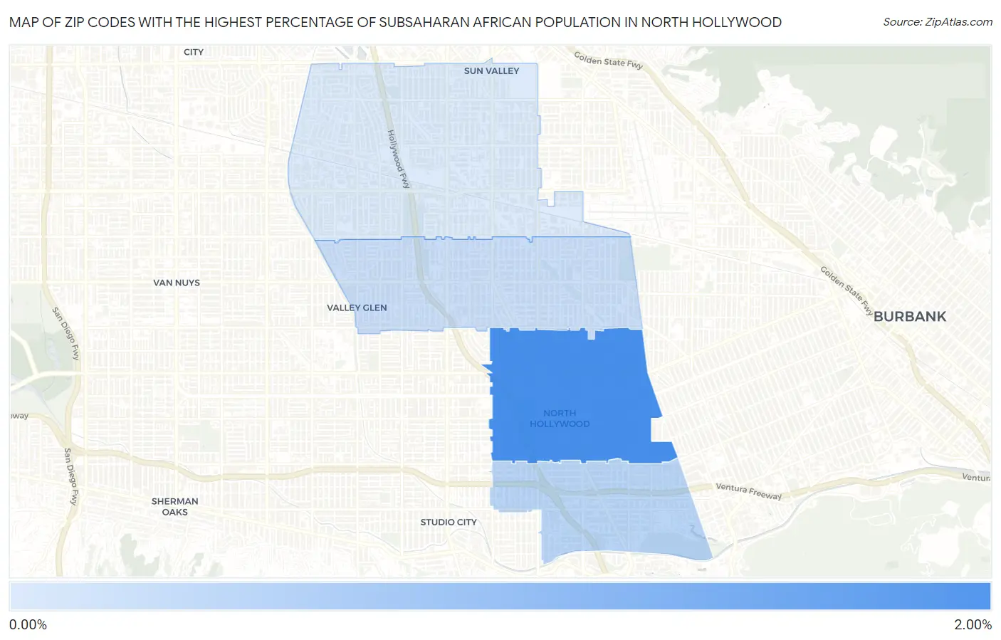 Zip Codes with the Highest Percentage of Subsaharan African Population in North Hollywood Map