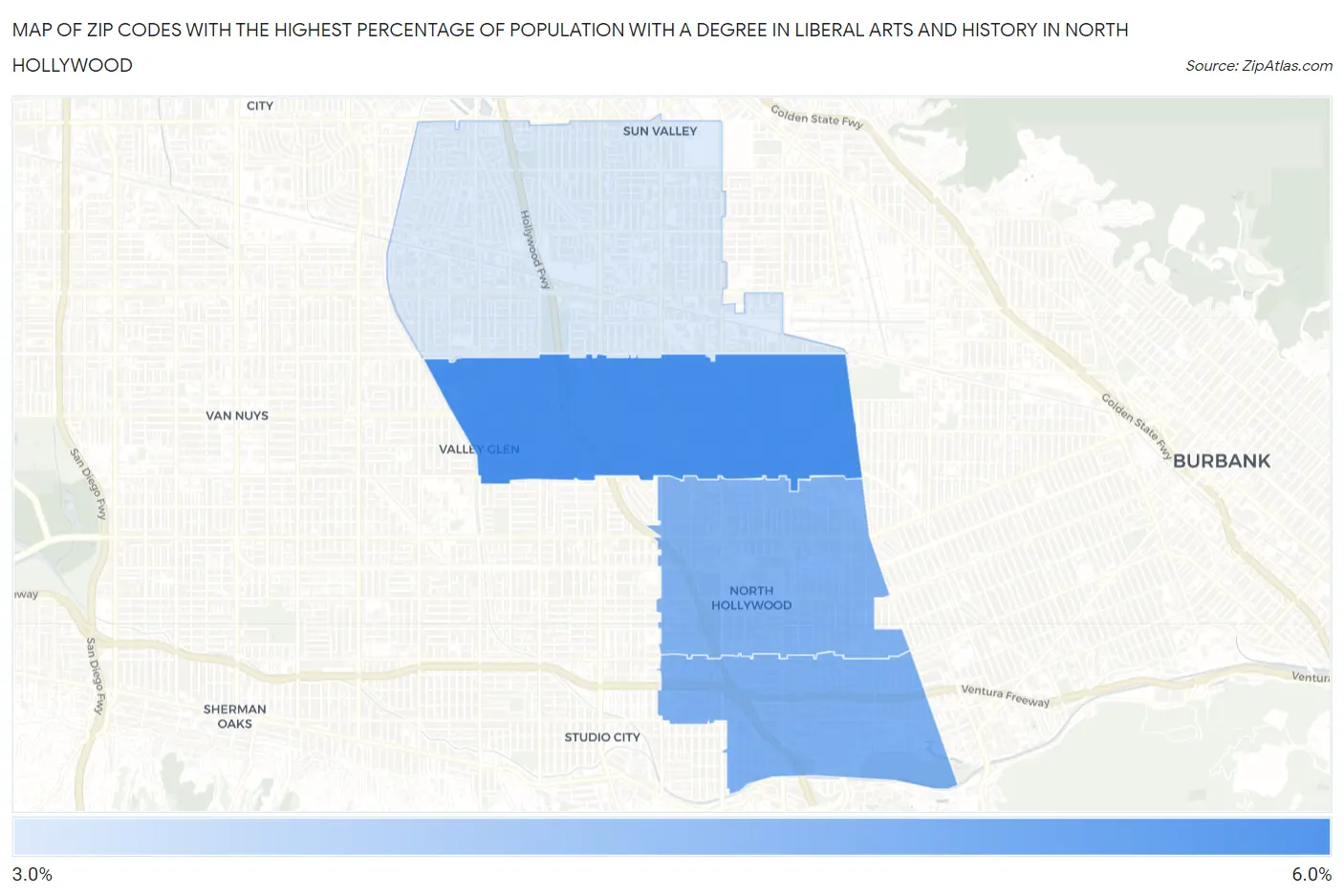 Zip Codes with the Highest Percentage of Population with a Degree in Liberal Arts and History in North Hollywood Map