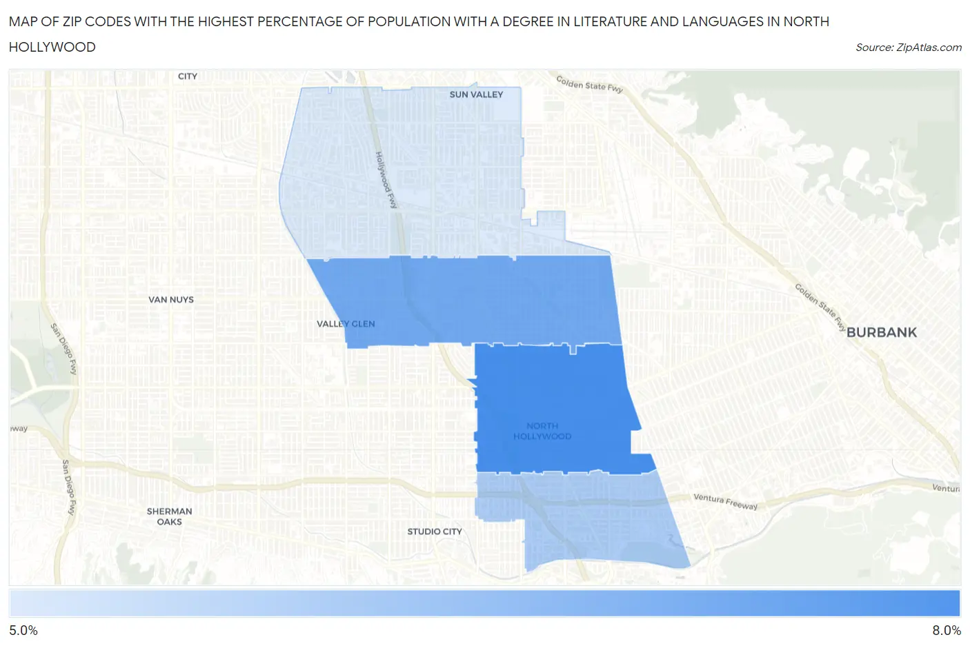 Zip Codes with the Highest Percentage of Population with a Degree in Literature and Languages in North Hollywood Map