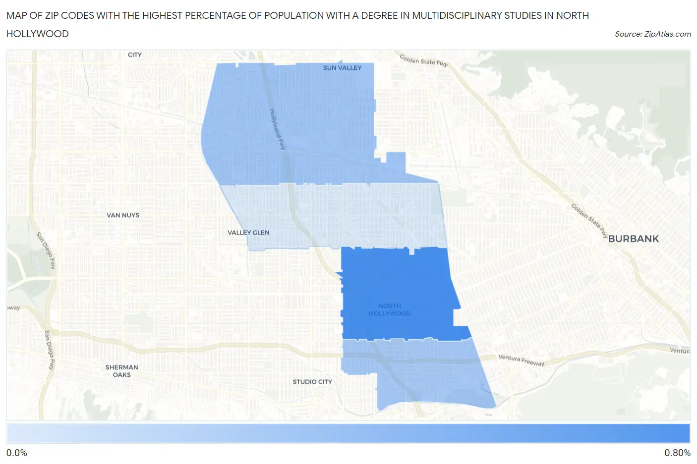 Zip Codes with the Highest Percentage of Population with a Degree in Multidisciplinary Studies in North Hollywood Map