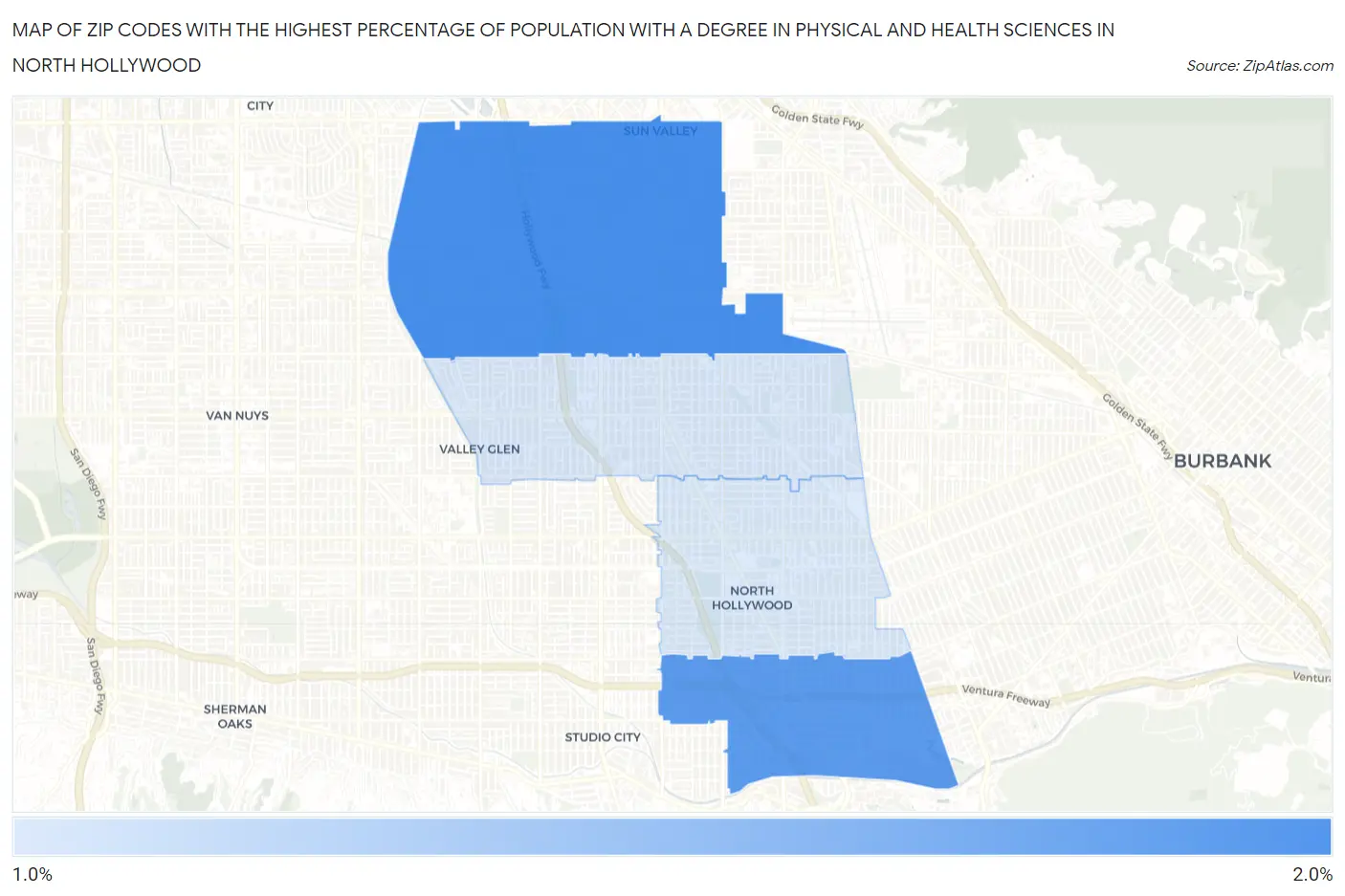 Zip Codes with the Highest Percentage of Population with a Degree in Physical and Health Sciences in North Hollywood Map
