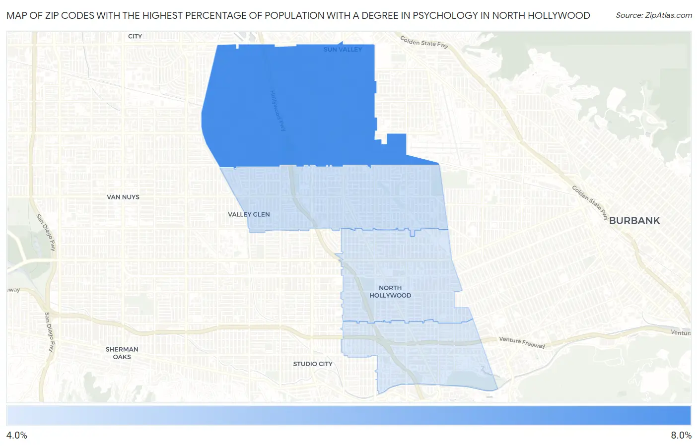 Zip Codes with the Highest Percentage of Population with a Degree in Psychology in North Hollywood Map