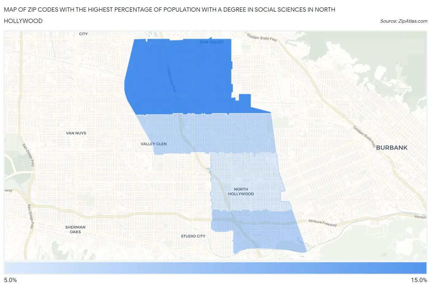 Zip Codes with the Highest Percentage of Population with a Degree in Social Sciences in North Hollywood Map