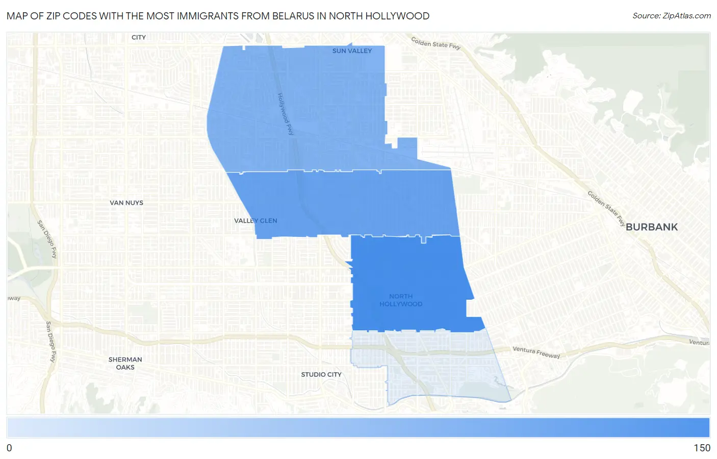 Zip Codes with the Most Immigrants from Belarus in North Hollywood Map