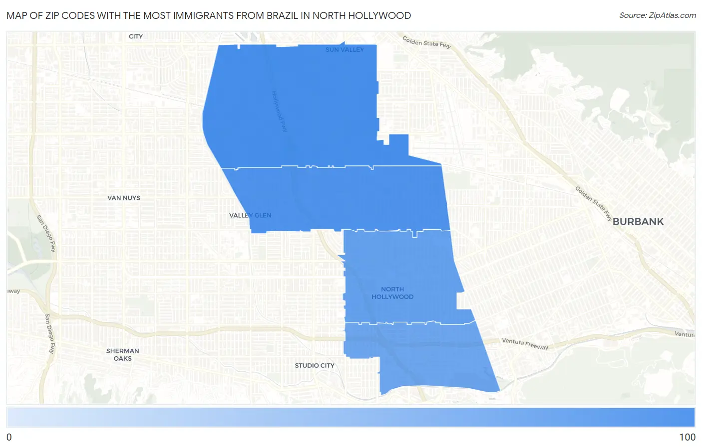 Zip Codes with the Most Immigrants from Brazil in North Hollywood Map