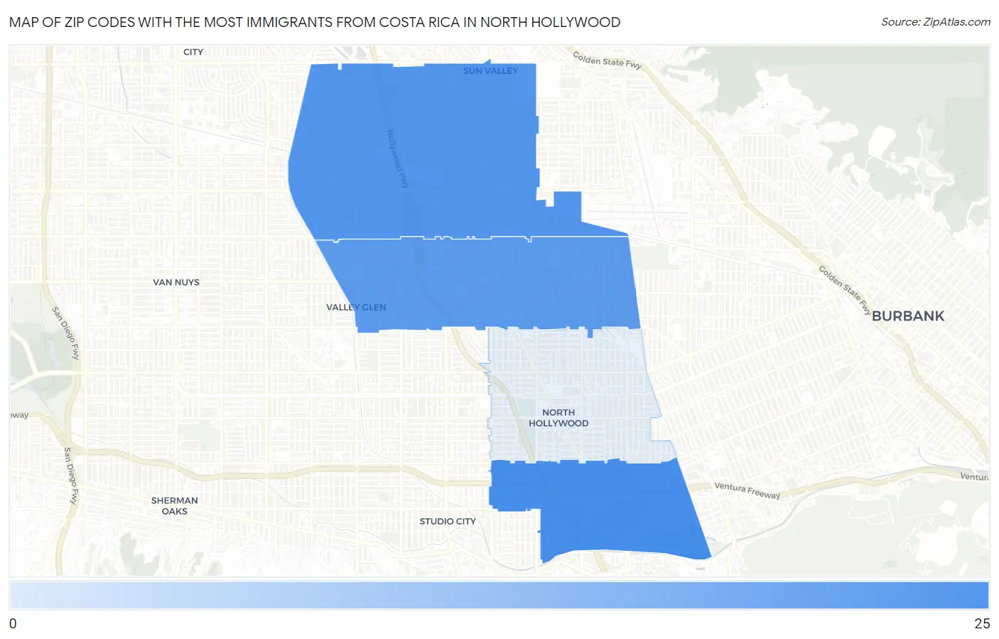 Zip Codes with the Most Immigrants from Costa Rica in North Hollywood Map