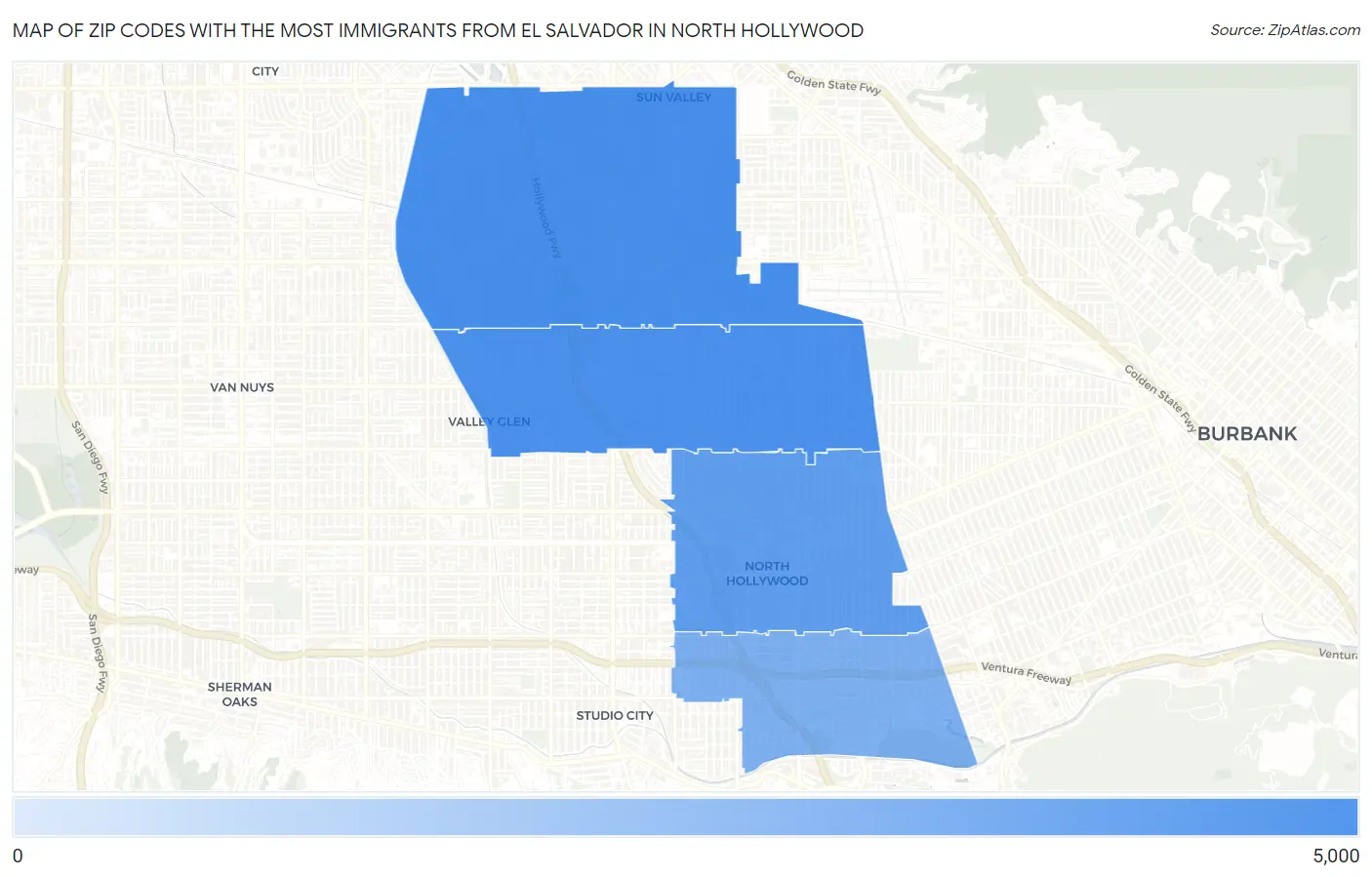 Zip Codes with the Most Immigrants from El Salvador in North Hollywood Map