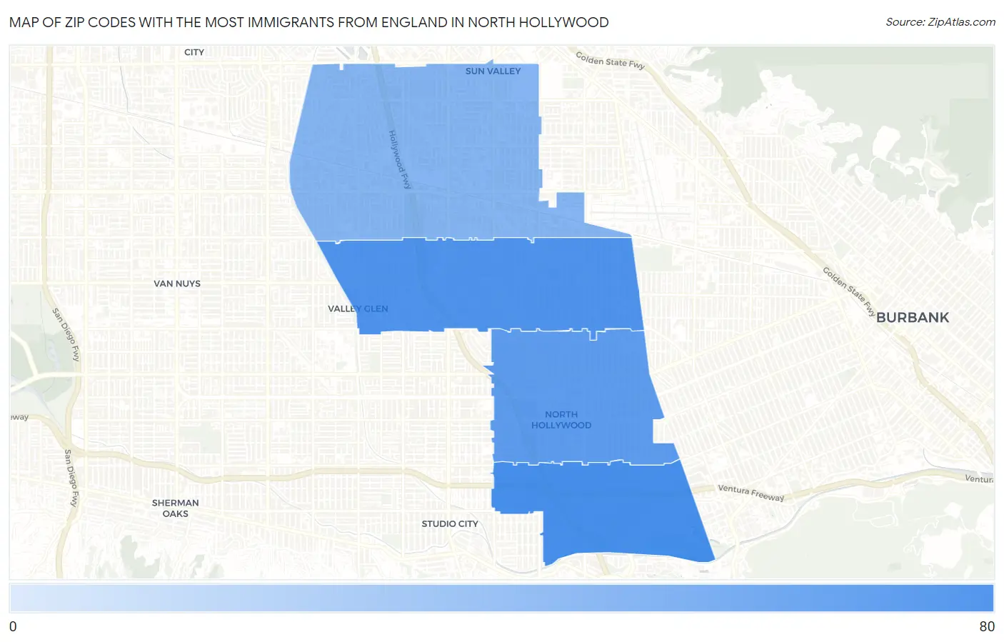 Zip Codes with the Most Immigrants from England in North Hollywood Map