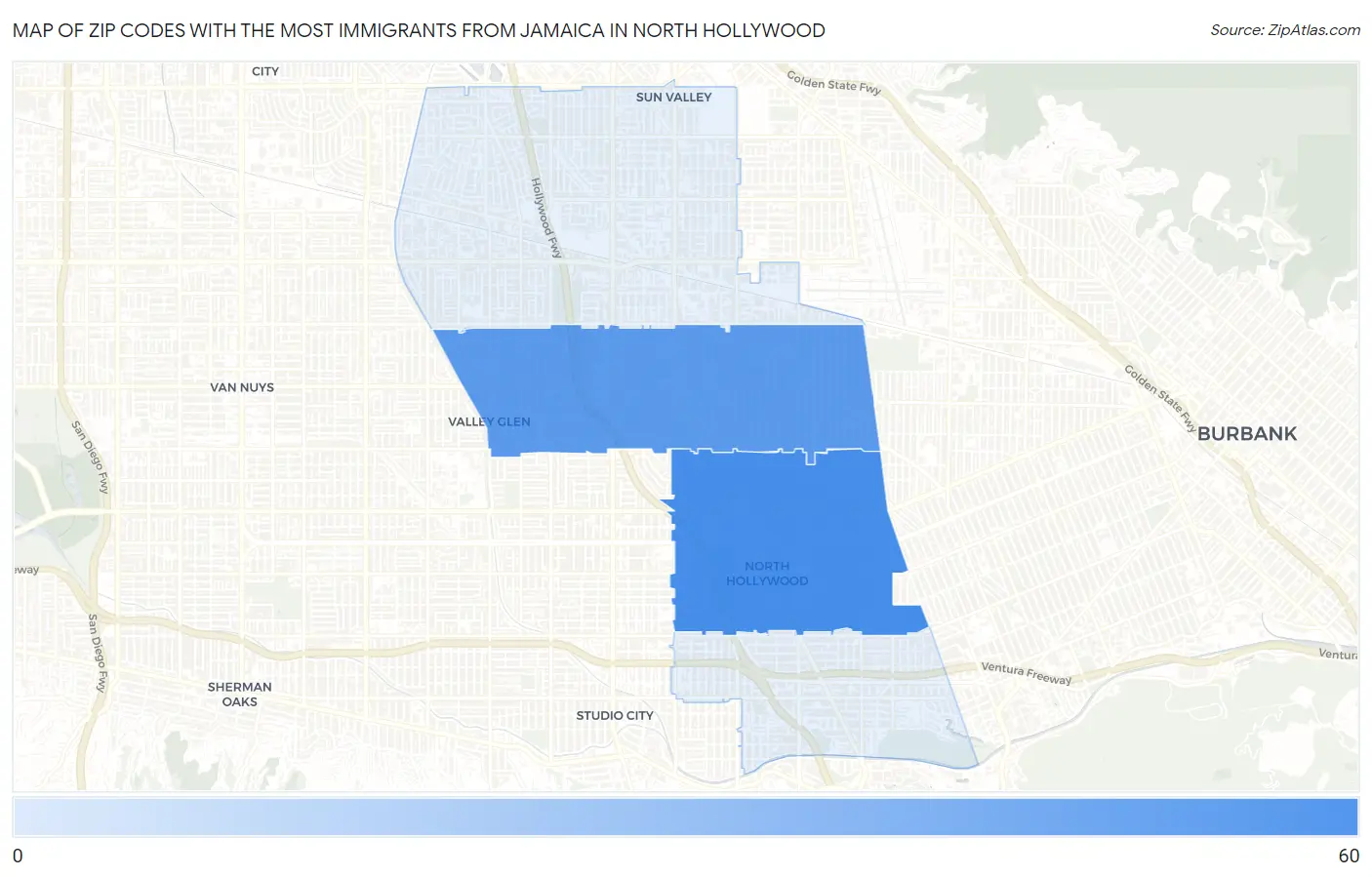 Zip Codes with the Most Immigrants from Jamaica in North Hollywood Map