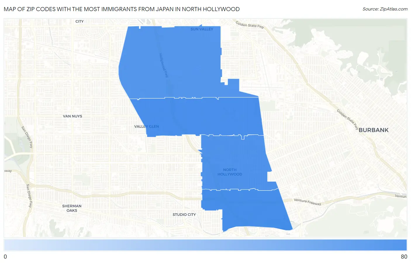 Zip Codes with the Most Immigrants from Japan in North Hollywood Map