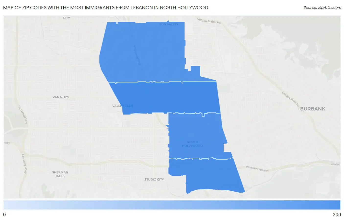 Zip Codes with the Most Immigrants from Lebanon in North Hollywood Map