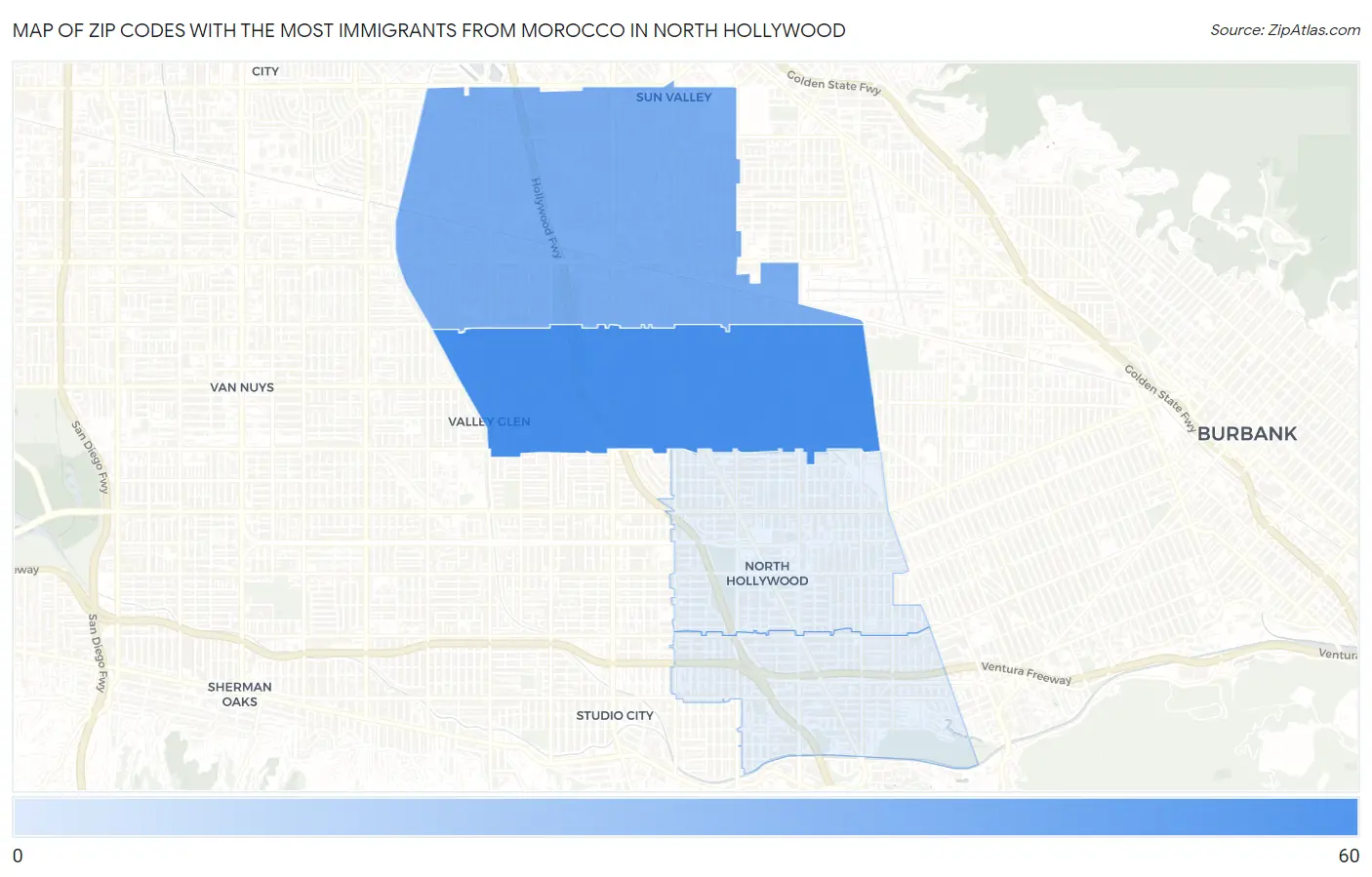 Zip Codes with the Most Immigrants from Morocco in North Hollywood Map