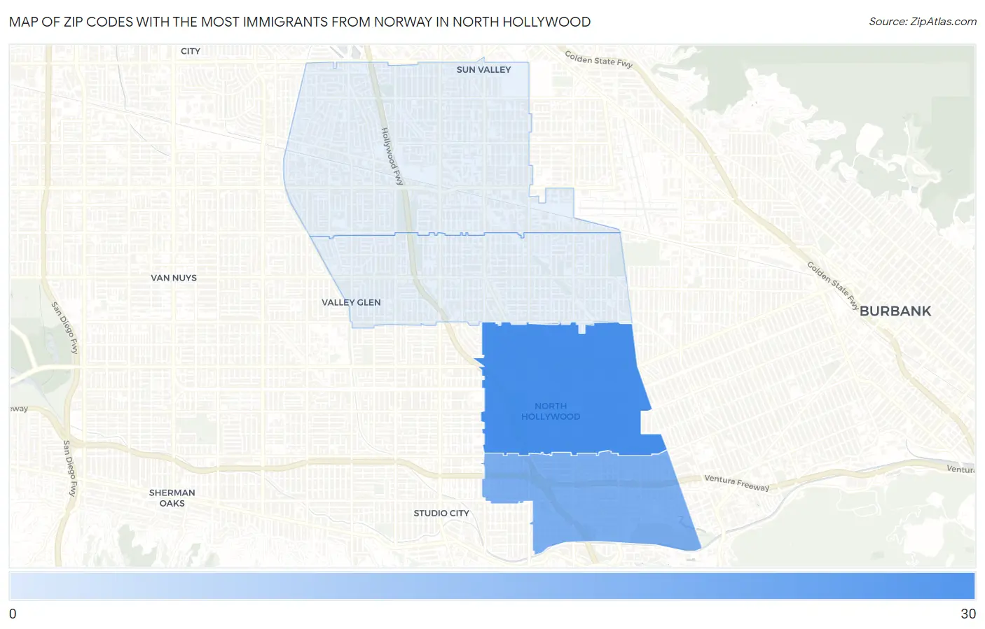 Zip Codes with the Most Immigrants from Norway in North Hollywood Map