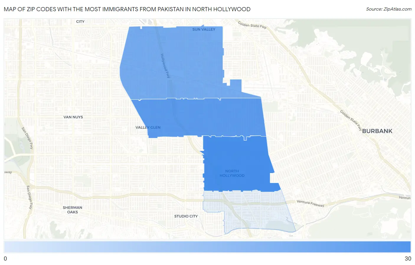 Zip Codes with the Most Immigrants from Pakistan in North Hollywood Map