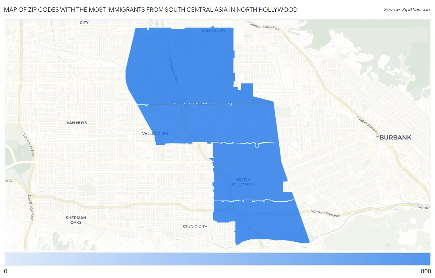 Zip Codes with the Most Immigrants from South Central Asia in North Hollywood Map