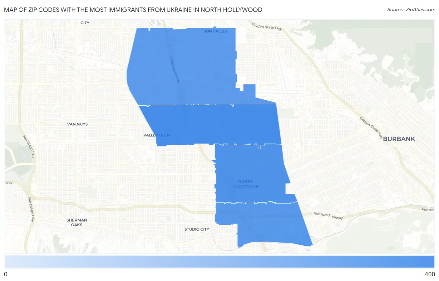 Zip Codes with the Most Immigrants from Ukraine in North Hollywood Map