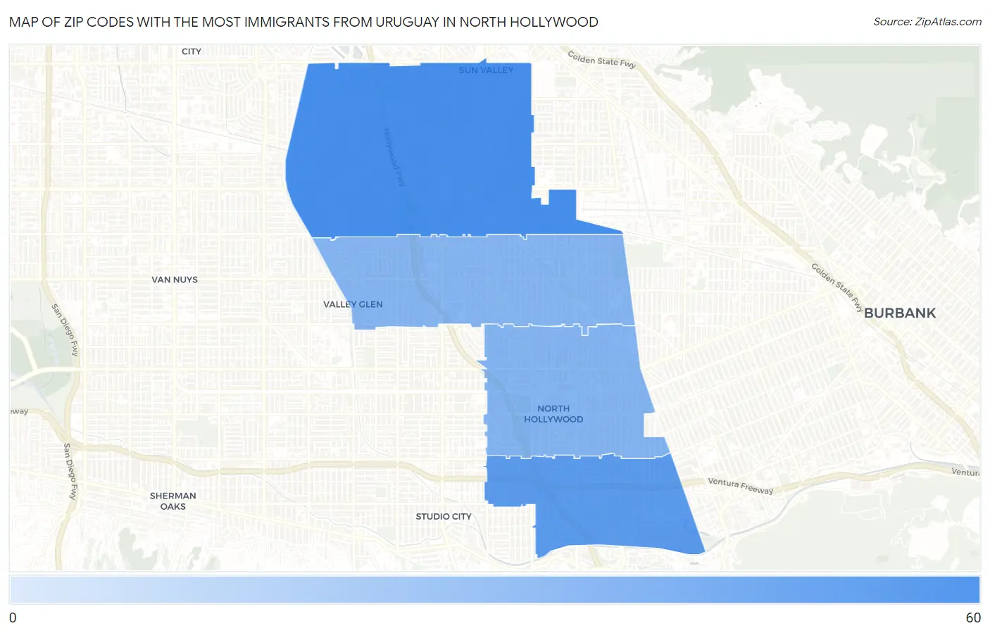 Zip Codes with the Most Immigrants from Uruguay in North Hollywood Map