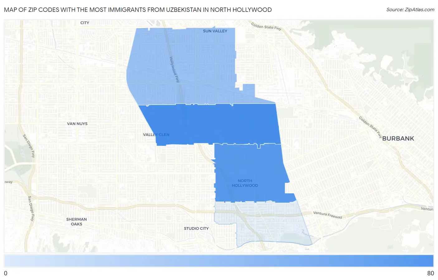 Zip Codes with the Most Immigrants from Uzbekistan in North Hollywood Map