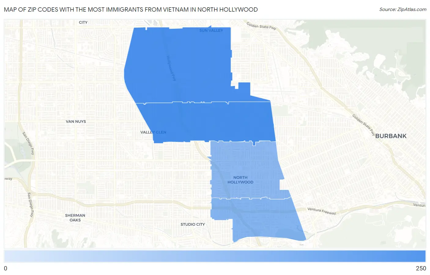 Zip Codes with the Most Immigrants from Vietnam in North Hollywood Map