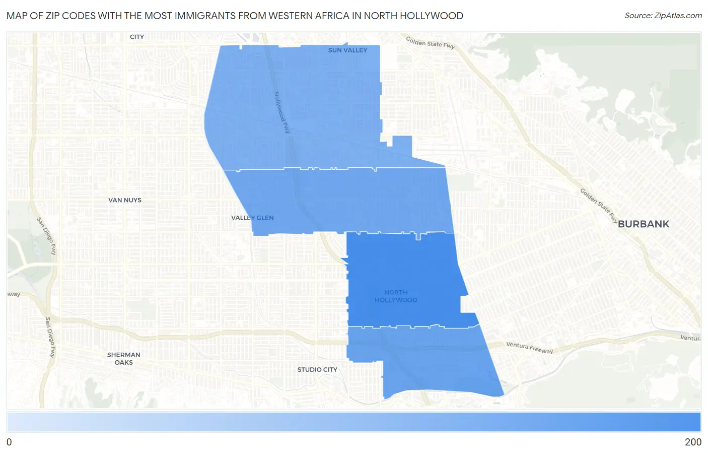 Zip Codes with the Most Immigrants from Western Africa in North Hollywood Map