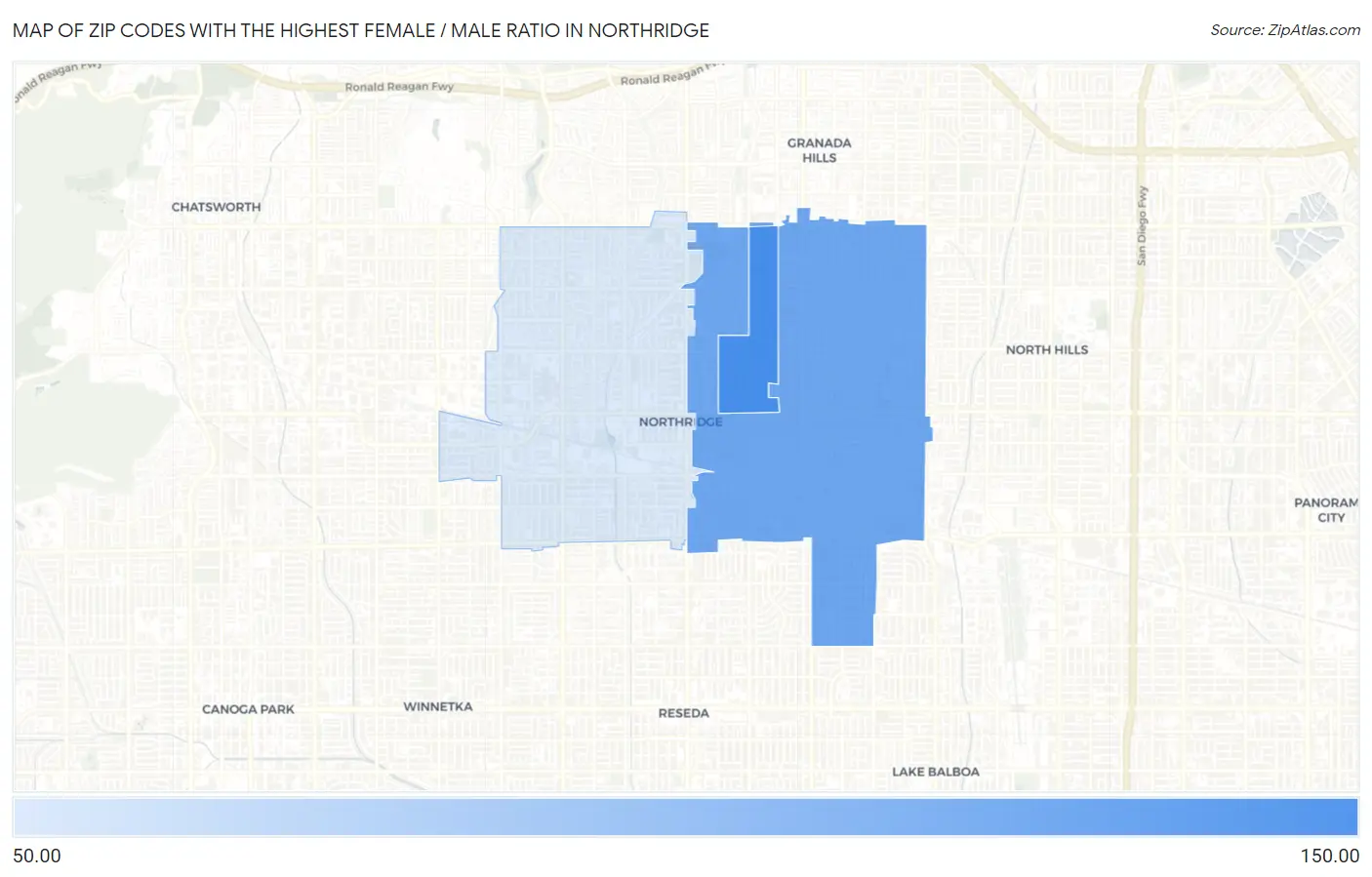 Zip Codes with the Highest Female / Male Ratio in Northridge Map