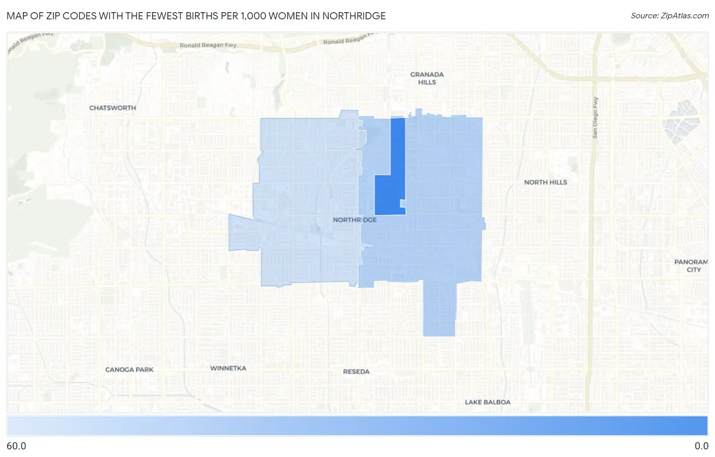 Zip Codes with the Fewest Births per 1,000 Women in Northridge Map