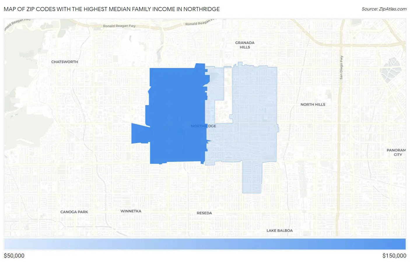 Zip Codes with the Highest Median Family Income in Northridge Map