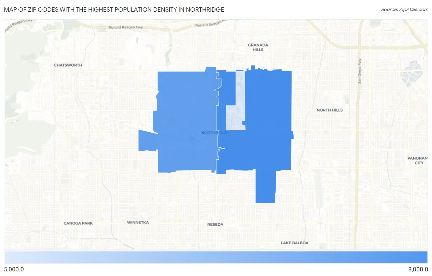Zip Codes with the Highest Population Density in Northridge Map