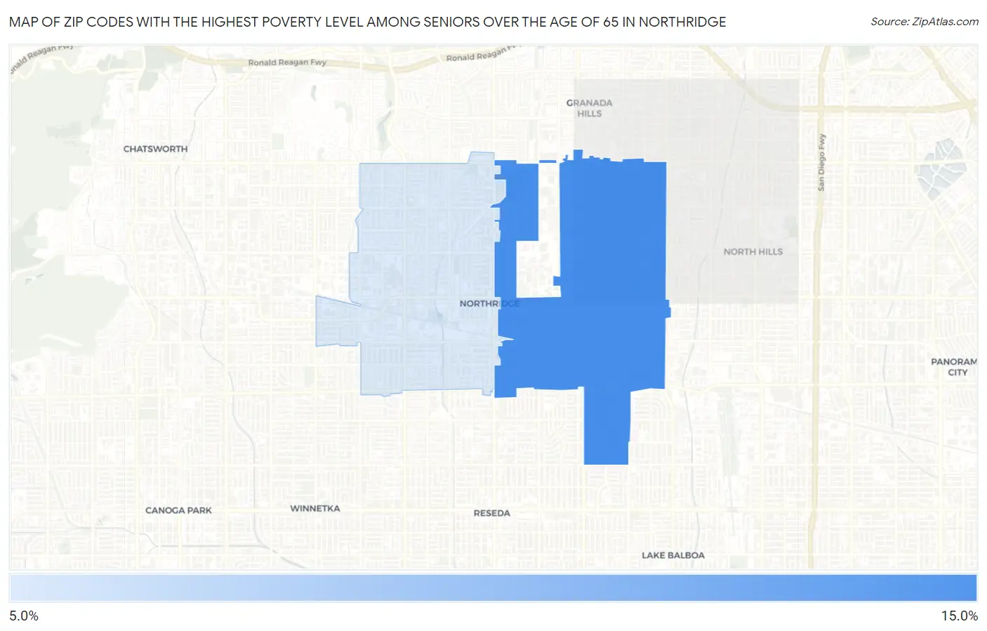Zip Codes with the Highest Poverty Level Among Seniors Over the Age of 65 in Northridge Map