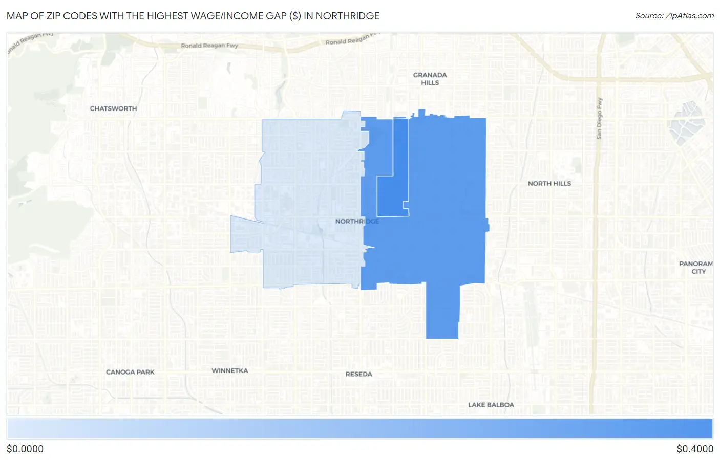 Zip Codes with the Highest Wage/Income Gap ($) in Northridge Map