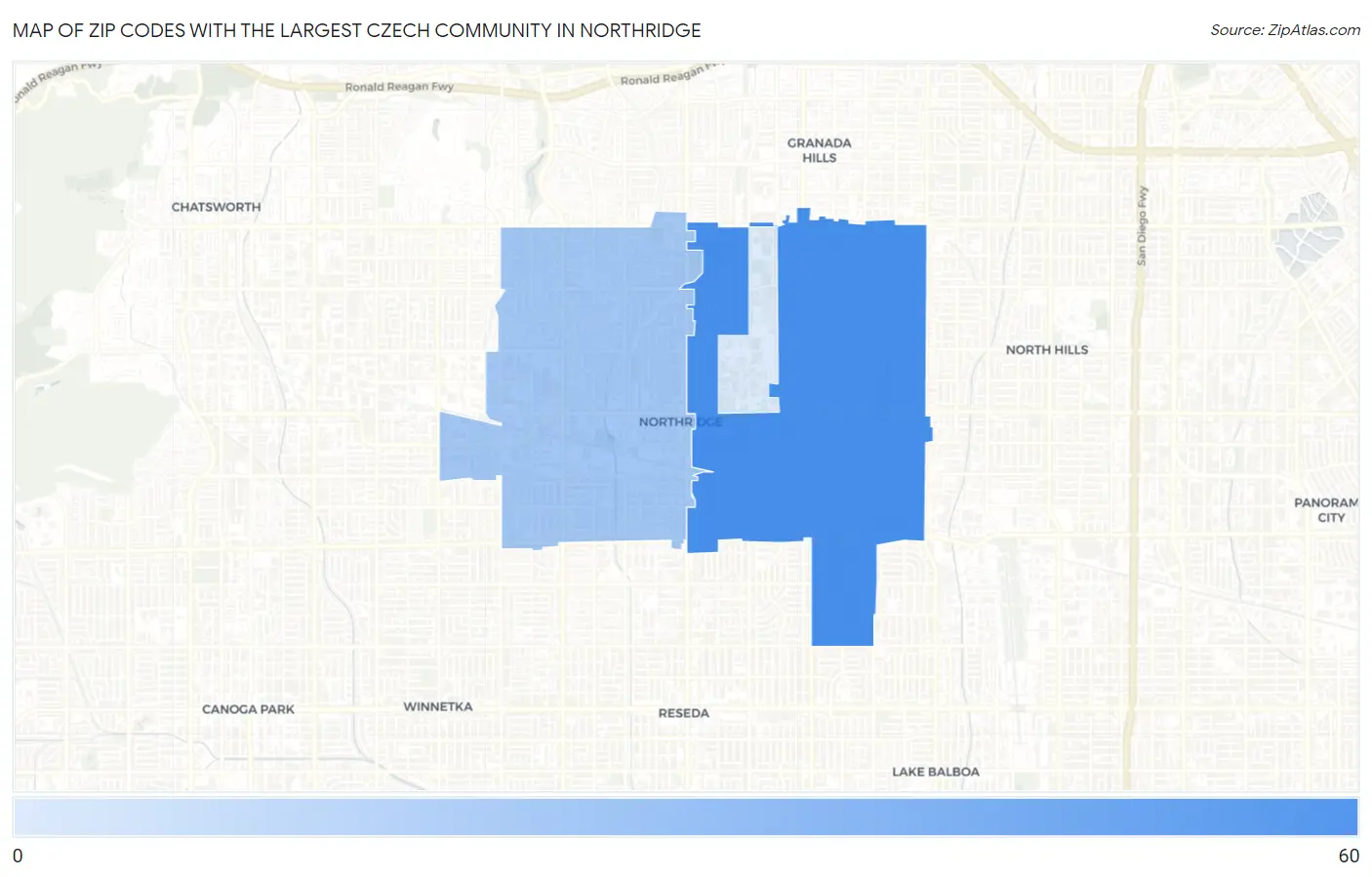 Zip Codes with the Largest Czech Community in Northridge Map