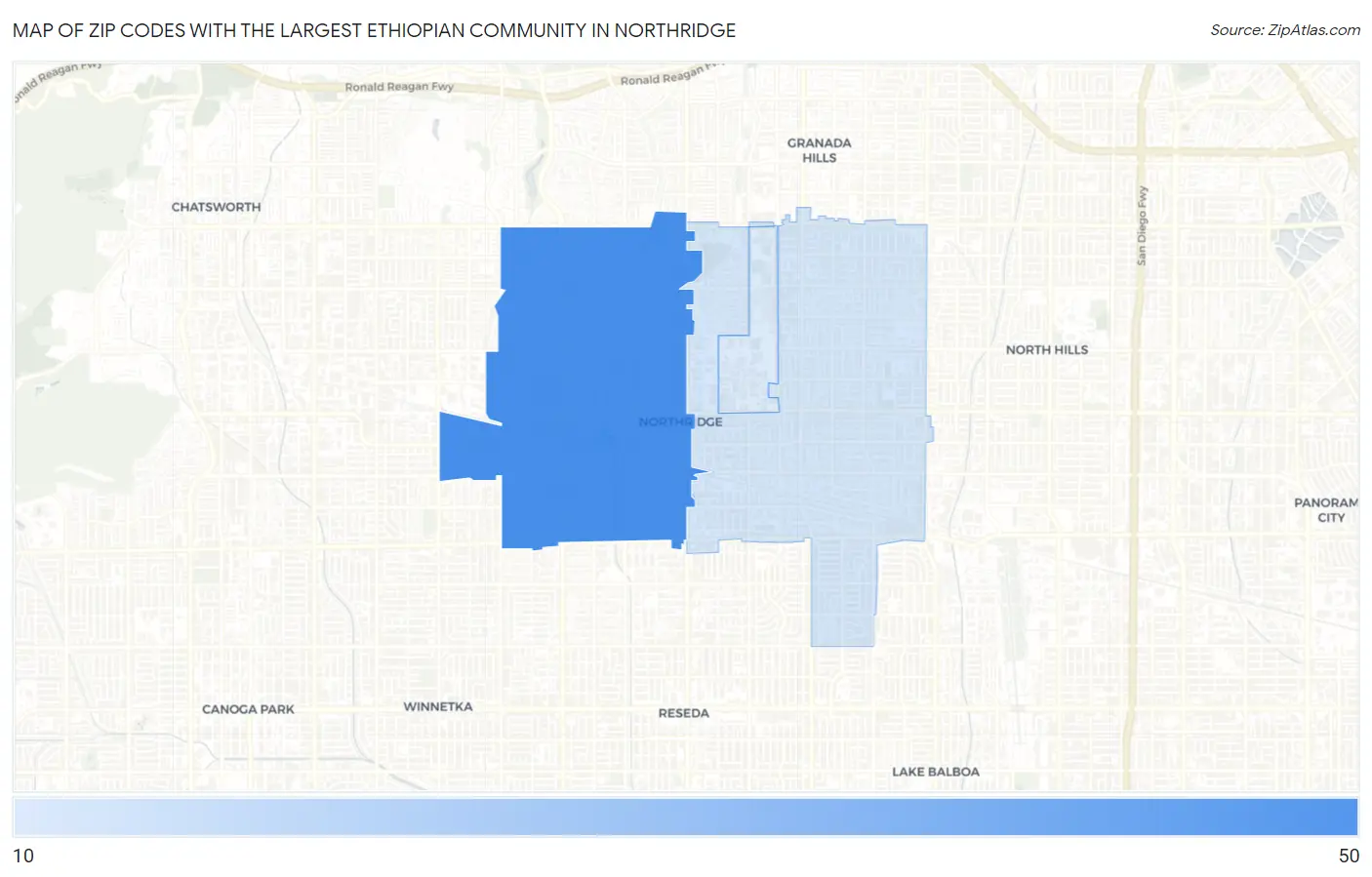 Zip Codes with the Largest Ethiopian Community in Northridge Map