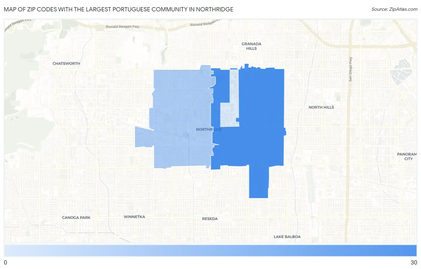 Zip Codes with the Largest Portuguese Community in Northridge Map