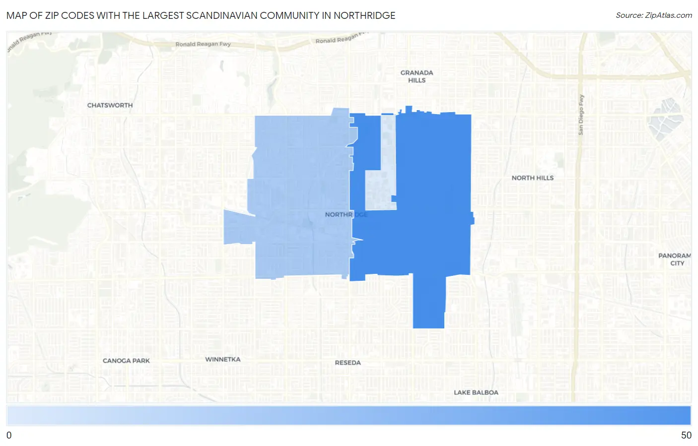 Zip Codes with the Largest Scandinavian Community in Northridge Map